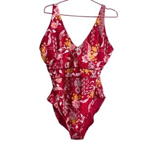 NWT Sea Level Swim Australia Red Jardin Floral One Piece Swimsuit Size 14 V Neck
